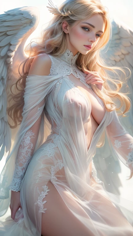 (Highest quality,High resolution,masterpiece:1.2),Very detailed,(Realistic,Realistic,Realistic:1.37),(Highest quality,High resolution), (whole body:1.4), angel of heaven, A beautiful angel looking down gently,(Perfectly toned body:1. 4), Glowing golden eyes, Long eyelashes, Wavy blonde hair, Breathtakingly beautiful (Sheer white dress, Moisturized Skin, Small breasts, Beautiful nipples, Beautiful pubic hair: 1. 4), (Angel Halo, Slightly larger angel wings:1.2), Sun, blue sky and clouds background, Soft and calming colors, A gentle breeze, Bright and atmospheric lighting, Transcendent, Otherworldly atmosphere, (Browsing Caution: 1.4).