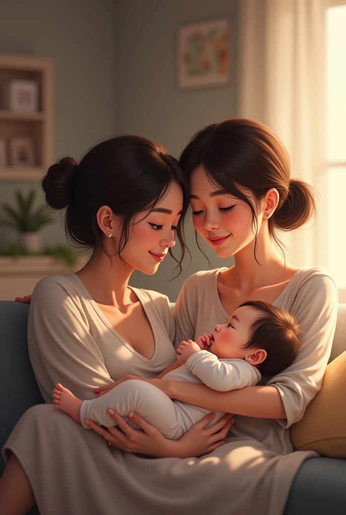 Lesbian couple. A taller blonde Asian woman with a baby girl on her lap. Asian woman with black hair and baby in her arms.