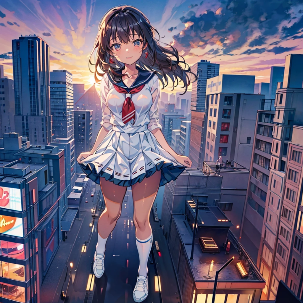 Composition viewed from below ((evening)) ((sunset)) ((sunset)) cumulonimbus masterpiece ((Brown skin)) ((Sunburn)) Anime Style Delicate painting 4K 90's giant Multiple Girls crowd ((Black Hair)) Metropolis crowd Crowd of people ((A giant schoolgirl standing in the valley of a skyscraper city)) Metropolis Tokyo Akihabara Electric Town Big Breasts Sailor suit Her underwear is visible Sweating profusely Splash sneakers White socks watch Black Hair smile female giant giant girl Whole body Crowd Unreal Engine,cleavage ,a drawing of a , earrings, long hair,Cute picture Beauty Analog style whole body sneakers