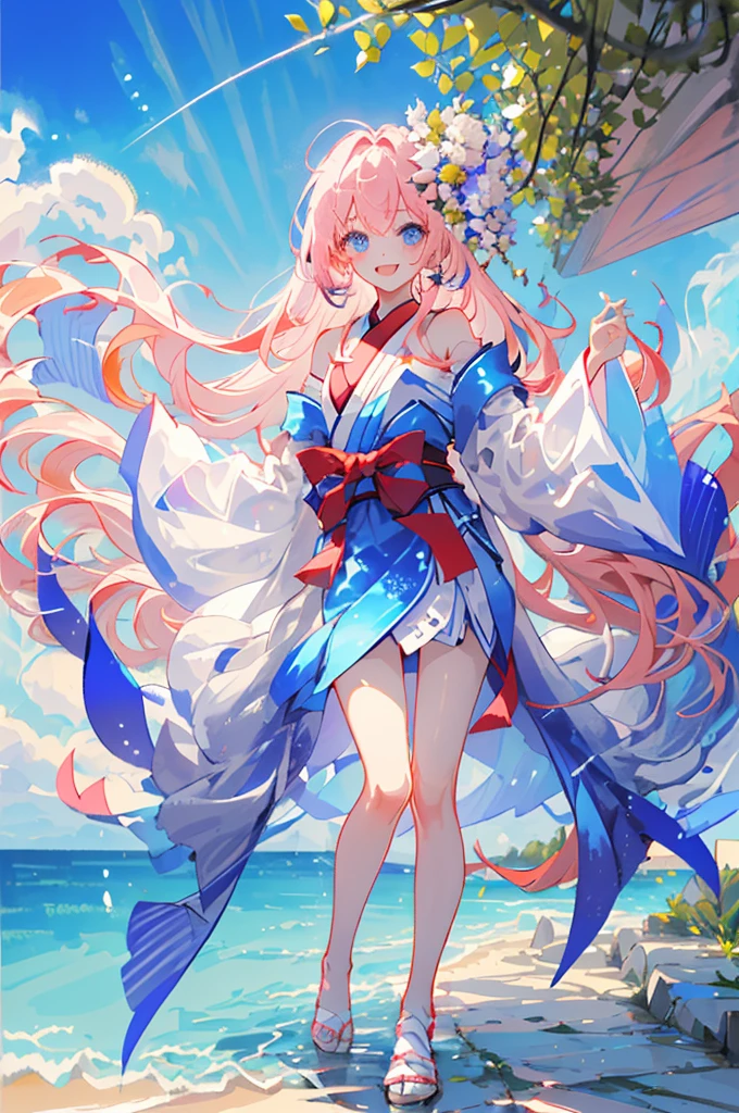 ((masterpiece,best quality))just 1girl,look at the front horizontally, happy, the whole body,Skin whitening,blue eyes,thin,Thigh length,slender waist, long hair,pink hair,white clother, outdoors,white hanfu,china style,(off shoulder),Exposed legs,cloudy weather,Trees, flowers, summer,Stone floor ,wide vision,