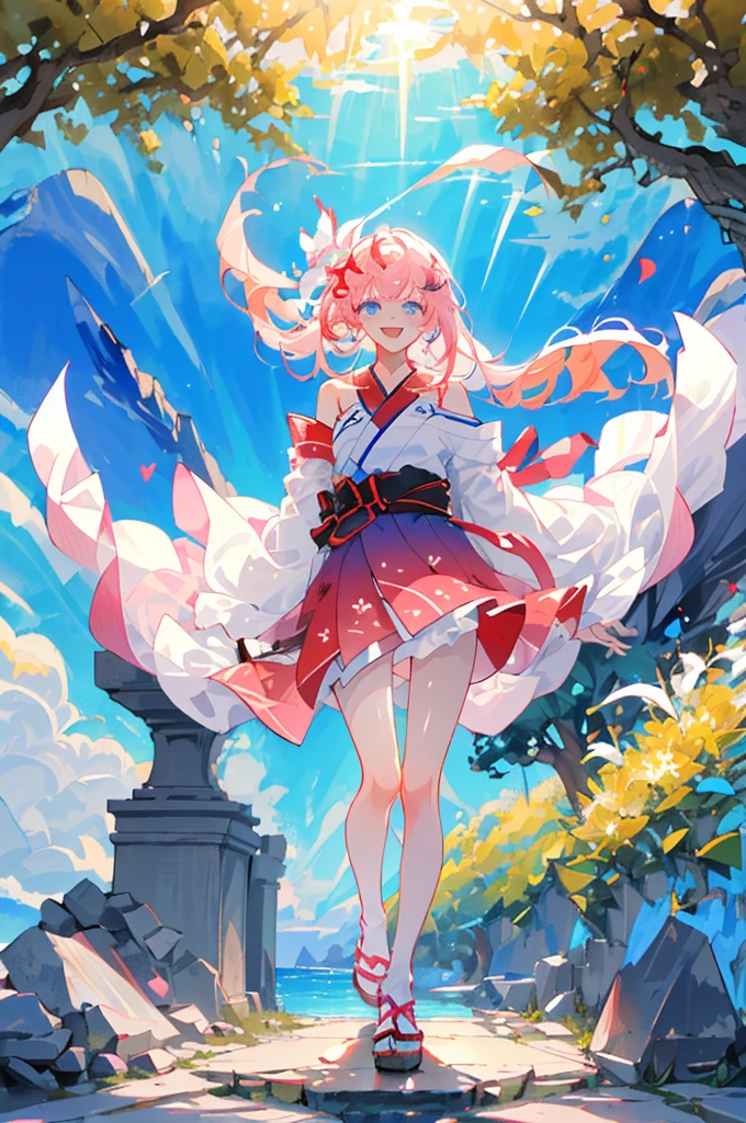 ((masterpiece,best quality))just 1girl,look at the front horizontally, happy, the whole body,Skin whitening,blue eyes,thin,Thigh length,slender waist, long hair,pink hair,white clother, outdoors,white hanfu,china style,(off shoulder),Exposed legs,cloudy weather,Trees, flowers, summer,Stone floor ,wide vision,