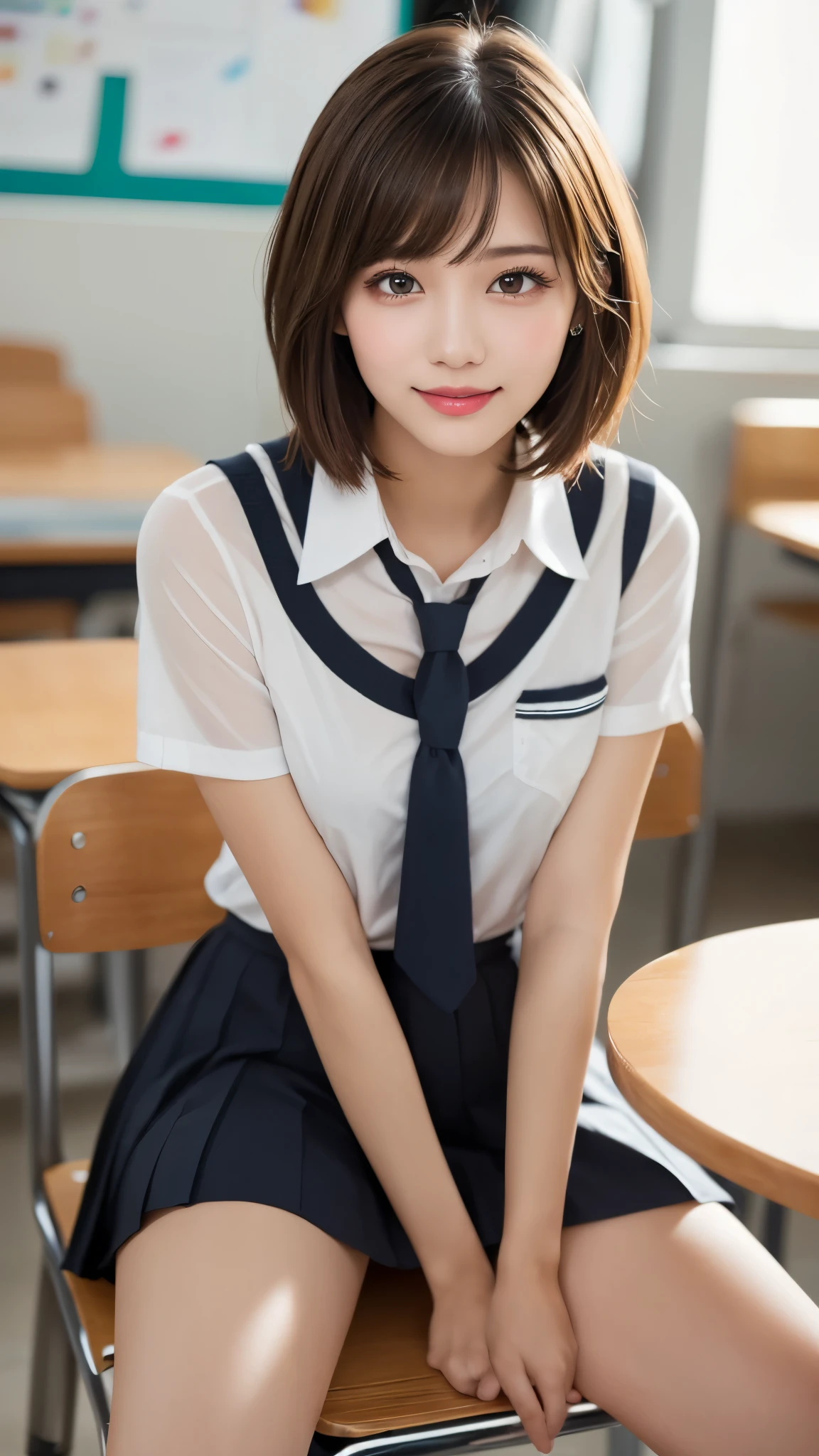 (masterpiece:1.3), (16k, photorealistic, RAW photo, best quality: 1.4),absurdres, attractive, ultra high resolution, ultra realistic, highly detailed, golden ratio, ultra detailed, super fucking beautiful detailed face, natural makeup, detailed cloth texture, detailed hair texture, beautiful detailed fullbody, Perfect female body, accurate, Anatomically correct, Highly detailed face and skin texture, (beautiful hands), (realistic skin), (beautiful pale skin:1.1), (Perfect dynamic composition, looking at viewer, full body shot),(Straddling a chair:1.3), spread legs,
BREAK, realistic eyes, beautiful detailed eyes, symmetric eyes, Light Brown eyes, Double eyelids, Thin eyebrows, (Glossy lips:1.4), (Seductive expression:1.3), (beautiful smile:1.1), (blush:1.2),
BREAK,
((short hair, bob, Dark blonde hair, bangs:1.2)), (High school, high school girl, school uniform:1.3)
