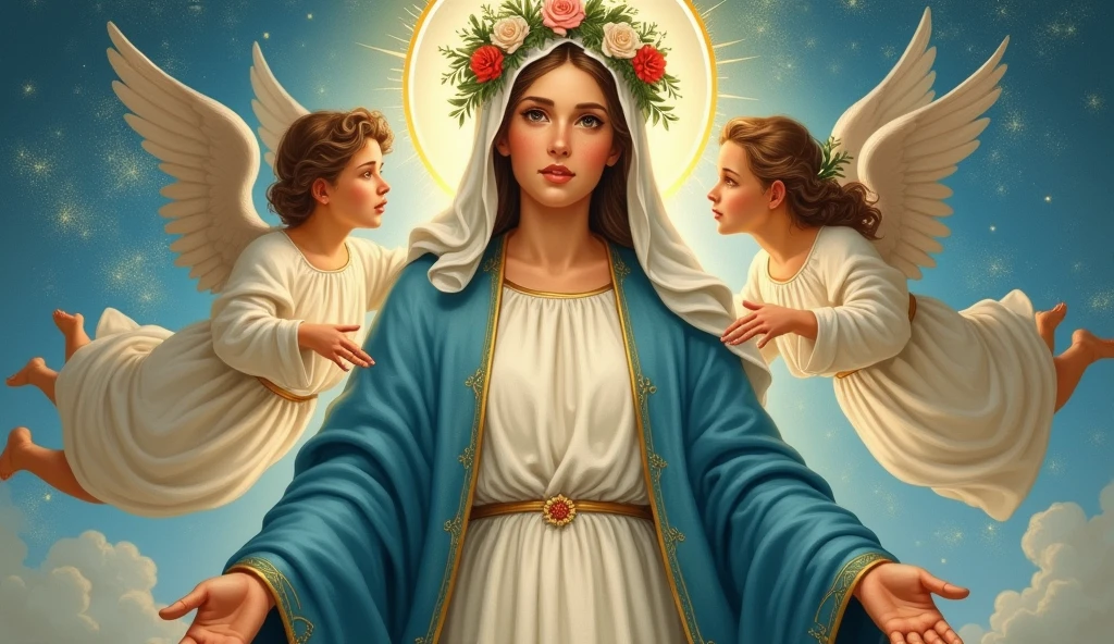 An illustration of the Virgin Mary wearing a blue cloak and a wreath of flowers, surrounded by angels. The background is a starry sky, reflecting beauty and divinity. The color palette is soft and welcoming.