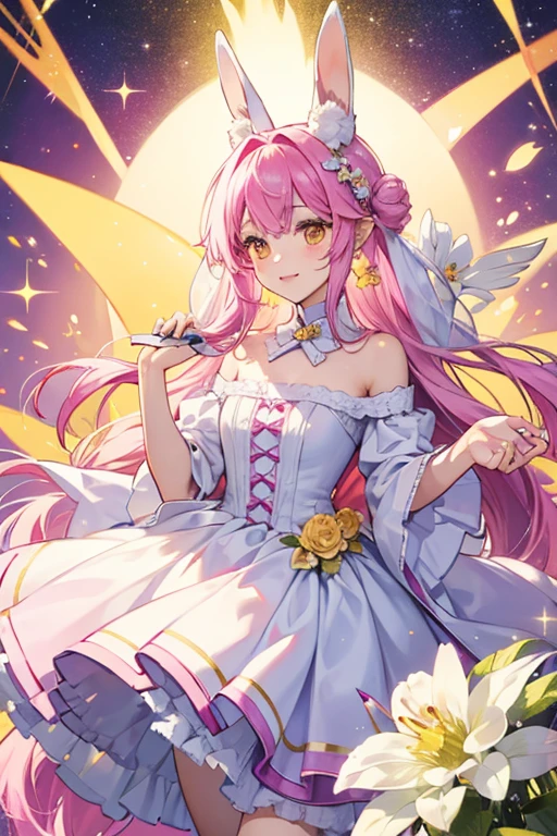 Tippy is a fluffy fuchsia girl rabbit with lop ears, a white muzzle, and wears a yellow flower near her right ear.  SPARKLE; GLITTER