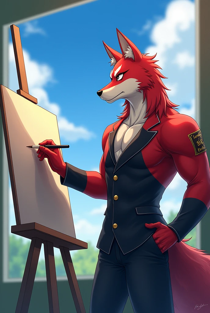 ((half body shot)),dynamic angle,depth of field, motion blur, absurdres, (best quality), (masterpiece), (ultra detailed),(detailed eyes),(serious eyes),(artist suit),niji,anthro male,manly,(red wolf),(muscular),(wolf tail),Garden,(Blue Sky View),((painting the board)),Carrying a brush tool,Near the window,(Day),handsome,standing,Joyful,by null-ghost,by traver009,by pino daeni