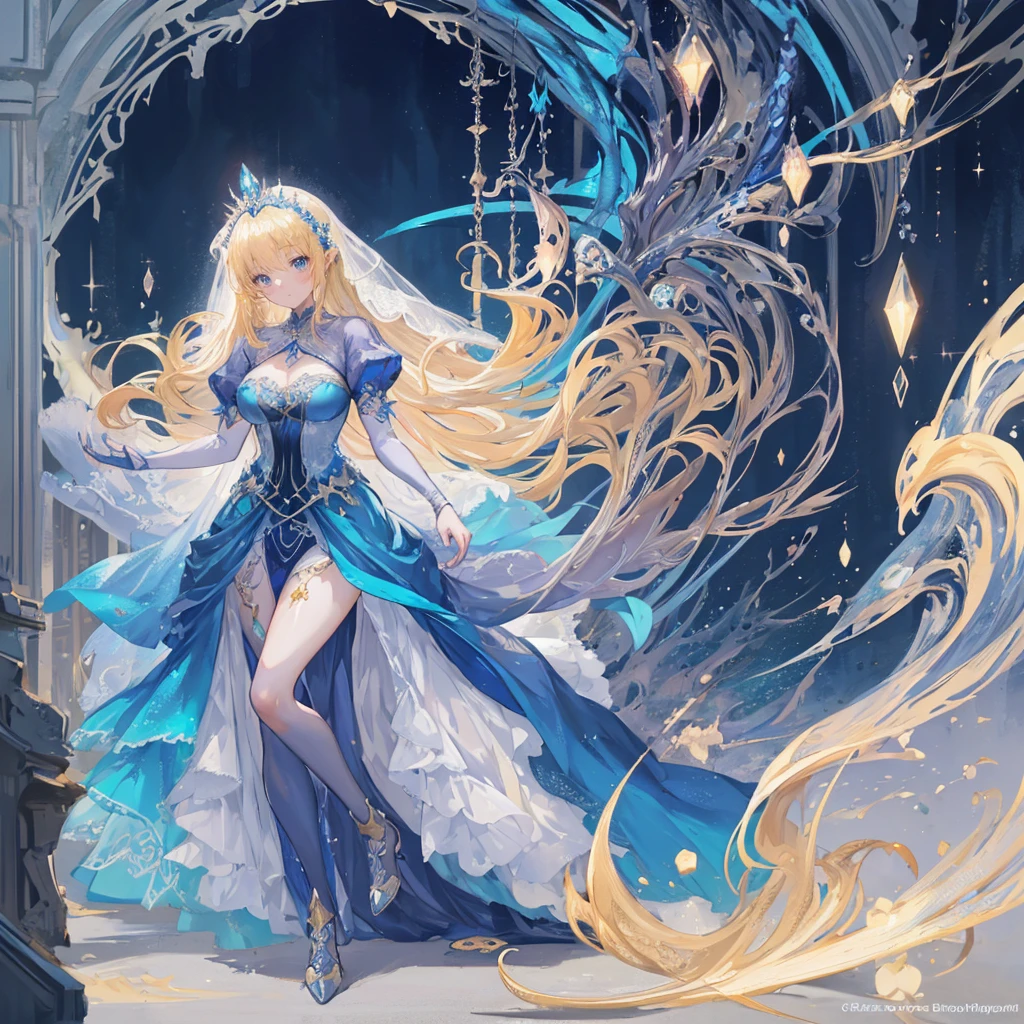 Wearing a blue dress、Blonde woman with veil, Beautiful fantasy girl, Detailed fantasy art, Beautiful fantasy art, Blonde Princess, artstation pixiv download artgerm, Beautiful girl, ((Beautiful fantasy queen)), 2. 5D CGI anime fantasy artwork, Fantasy art style, Detailed digital anime art, Fantasy style art