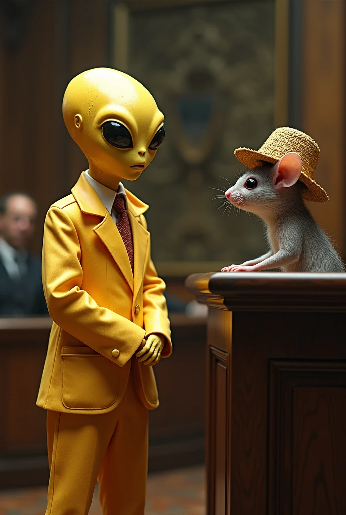 Alien lawyer, in the audience dressed in a grated cheese suit. In front of the judge who is a mouse with a straw hat