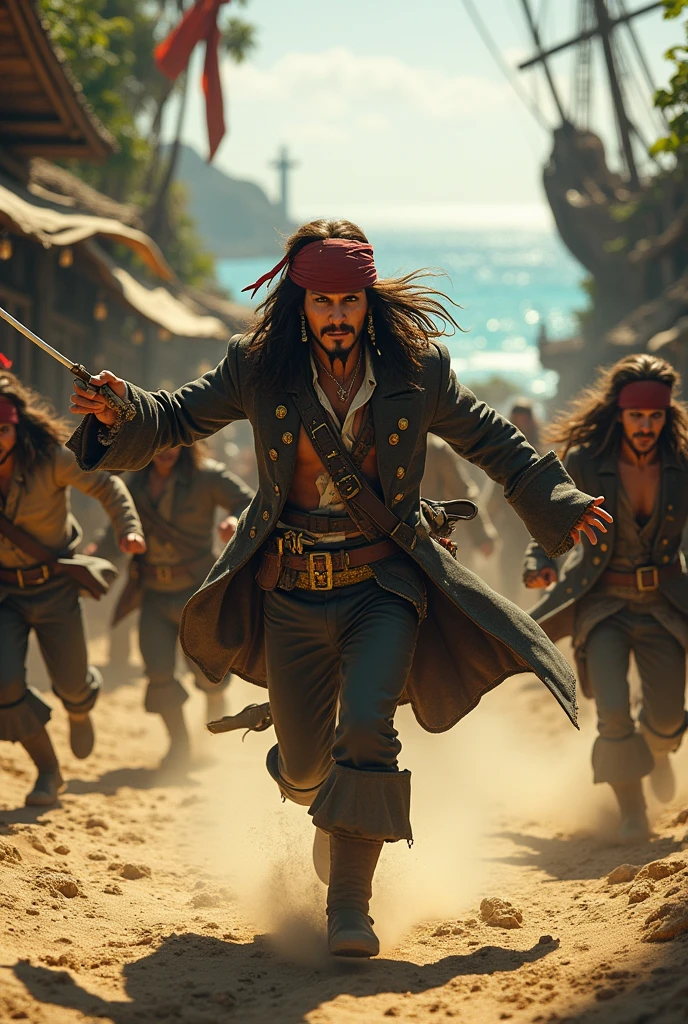 Capitaine Jack Sparrow courant avec sa démarche nonchalante car des pirates méchants lui court après