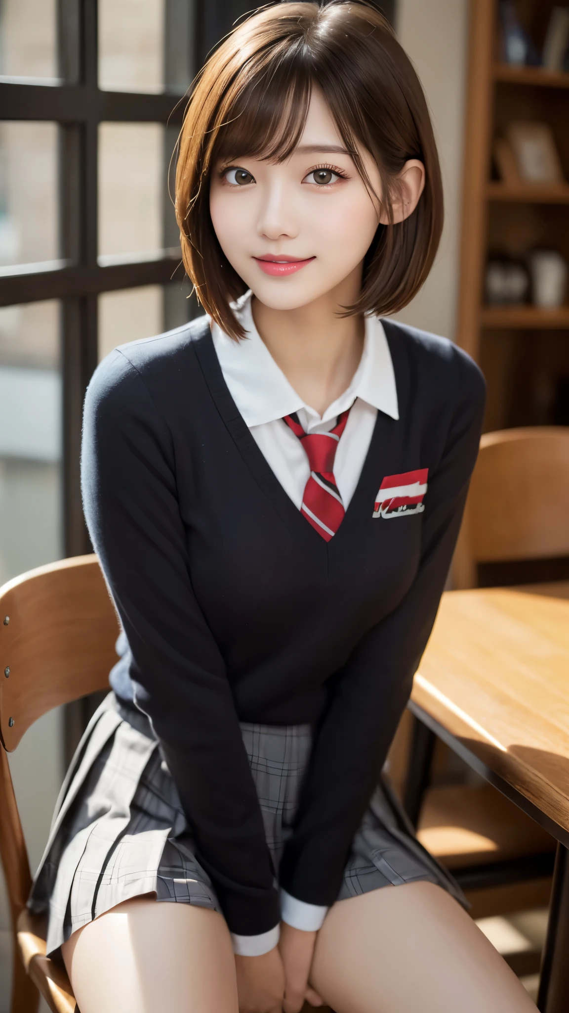 1ung girl, extremely beautiful, (extremely cute), (highly detailed eyes, highly detailed hair, highly detailed face), sexy face, smile happily, Bangs, (High school uniform, Pleated mini skirt:1.2), (High school uniform wide open breasts), ((short hair)), extremely detailed CG unified 8k wallpaper, Highly detailed, High-definition raw color photos, Professional Photography, Realistic portrait, Cinematic Light, (no panties:1.35), sitting, (spread legs wide open), outdoors, benches, parks, fountains, drinks, (((Bokeh))), depth of fields,