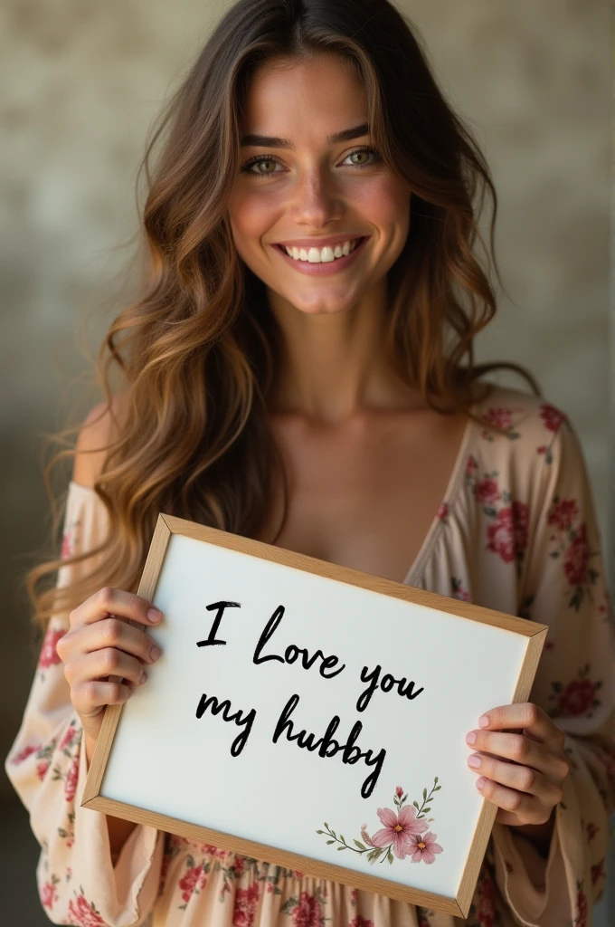 Beautiful girl with wavy long hair, bohemian dress, holding a white board with text "I Love you my hubby" and showing it to the viewer