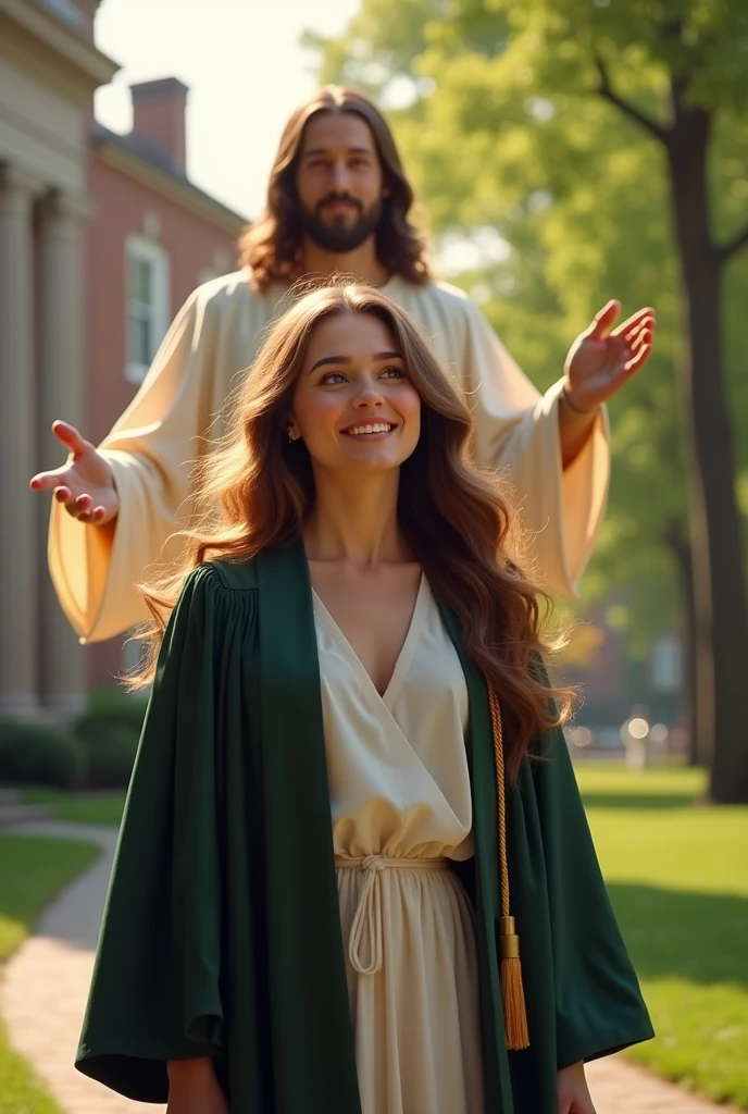 A woman with long wavy hair, green eyes at college graduation and with Jesus by his side