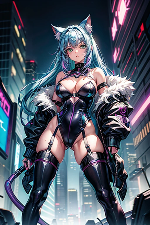 Cyberpunk catgirl, (light-blue hair, purple hair ends, shoulder length), green eyes, (black bodysuit, rgb trim, strapless, cleavage, high-cut), (off shoulder jacket, black, pink lining), rgb choker, thigh-highs, power stance. Spaceship bridge background. 