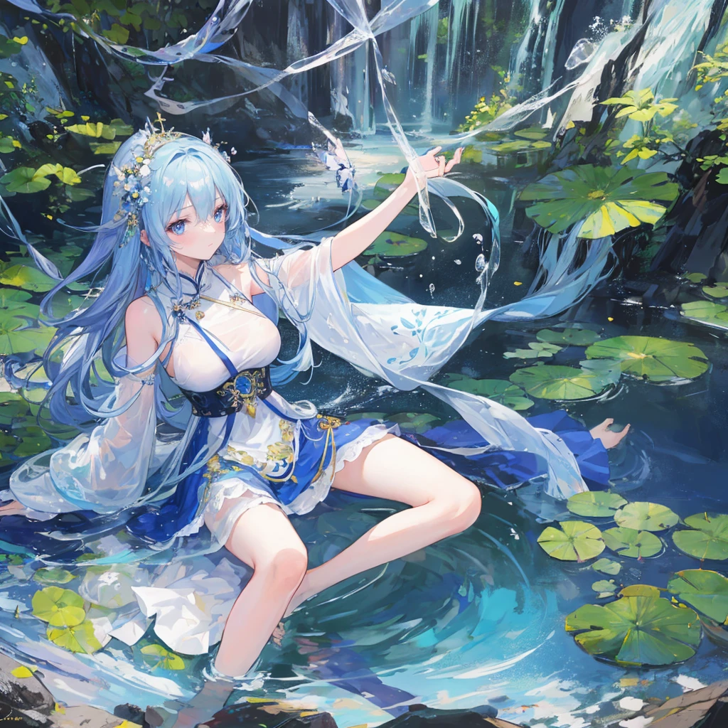 There is a blue skirt, 16 Long Legs, A woman sitting on a rock in the water, Standing gracefully on the lotus, Ethereal Beauty, Wearing blue cheongsam, court, Girl wearing Hanfu, Wearing blue cheongsam, Full of fairy atmosphere, In the pond, White Hanfu, A stunning young ethereal figure, floating dress, Light Blue, hair behind ear  