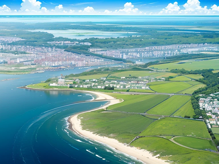 Magnificent View、The marshland in front、The coast in the back、River flowing into the sea、A peninsula with a lighthouse in the distance