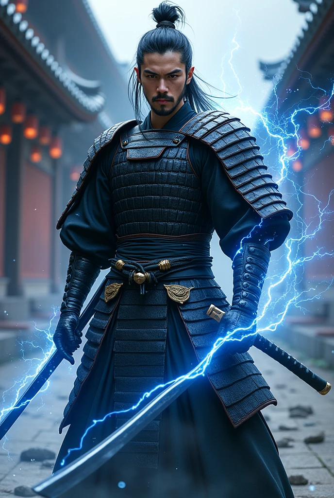 Create an image of the character Jin sakai, From the video game "Ghost Of Tsushima", wearing his all-black heavy samurai armor, Jin sakai is a young man, so he doesn't have a beard, not to mention he doesn't wear a long samurai haircut, but yes, a fringe divided in the middle and voluminous, jin sakai has electrical powers, the color of the rays are yellow, jin also uses a katana, he has asian eyes