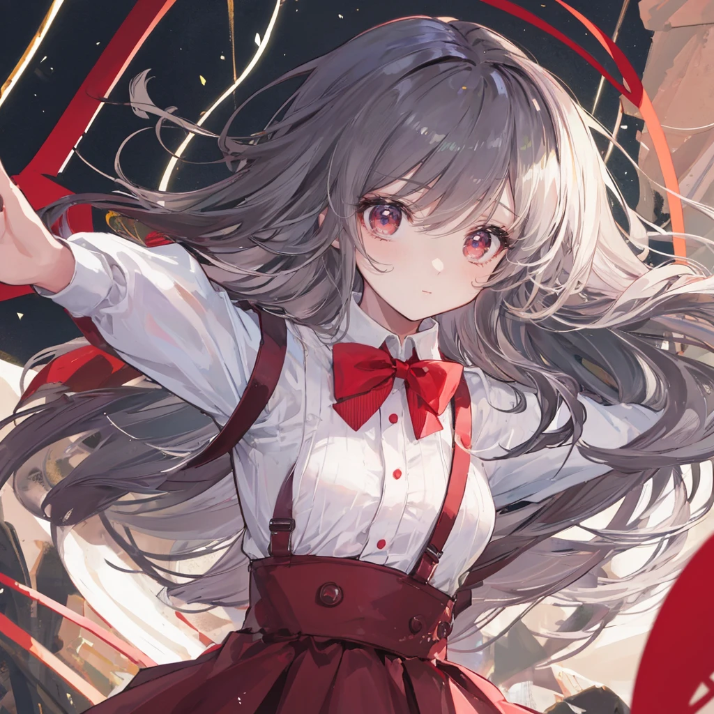 1 Girl, Solitary, Small Breasts, Suspender Skirt, White shirt, Red bow tie, Happy
