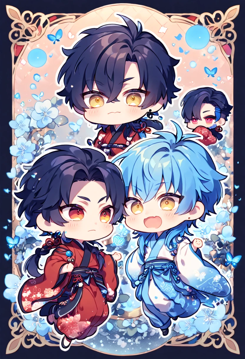 absurdres, highres, ultra detailed, HDR, master piece, best quality, extremely detailed, Koujaku chibi, dark navy hair that is short and a little chopped at the top, has a thick fringe over the right side of his face and keeps the rest tied, expressive red eyes, Dramatical Murder, Seragaki Aoba chibi, blue hair, expressive yellow eyes, two boys together, cute, adorable, yaoi, gay couple, red kimono with patterns, fantasy, magical, blue moon, blue flowers, blue butterflies, blue petals, blossoms, water