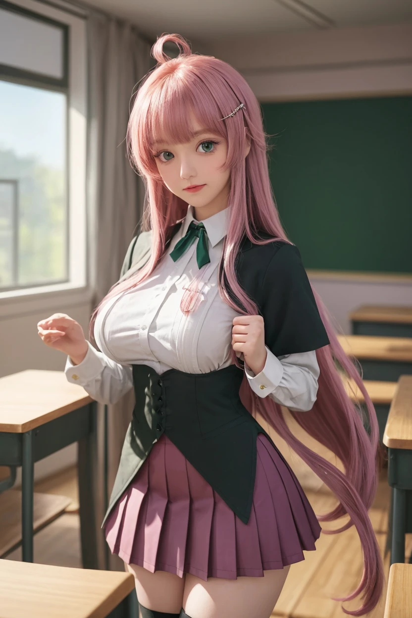 masterpiece, best quality, finely detailed, 1girl, pink_rose hair, pleated skirt, (school uniform), huge breasts, cleavage, classroom,
