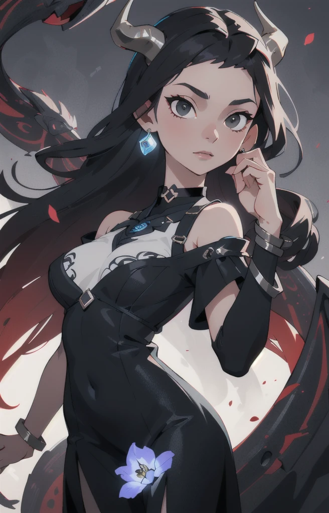 Seven Rhaeyar (Deylta), Ancient Star goddess, Perfect female anatomy (Royalty, Adult Female, 166cm in height, Cool pale skin, slim, slender, 34D breast size, Long Jet Black Hair, Gray Colored Iris , a set of Jet black colored horns on her head), Neutral facial expression, Elegant black uniform dress, female choker accessory with silver complimentary jewelry, dragon motifs, Black rope accessories, Simple Background, receiving light from the front, the focal point is her face, Ethereal glow, Blue Rose petals falling, Japanese inspired, bring her very close up, face image, detailed features, high quality resolution, shoulder up portrait