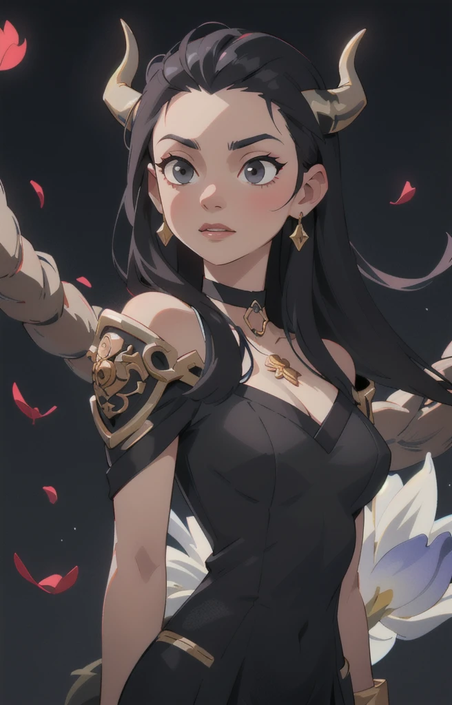 Seven Rhaeyar (Deylta), Ancient Star goddess, Perfect female anatomy (Royalty, Adult Female, 166cm in height, Cool pale skin, slim, slender, 34D breast size, Long Jet Black Hair, Gray Colored Iris , a set of Jet black colored horns on her head), Neutral facial expression, Elegant black uniform dress, female choker accessory with silver complimentary jewelry, dragon motifs, Black rope accessories, Simple Background, receiving light from the front, the focal point is her face, Ethereal glow, Blue Rose petals falling, Japanese inspired, bring her very close up, face image, detailed features, high quality resolution, shoulder up portrait