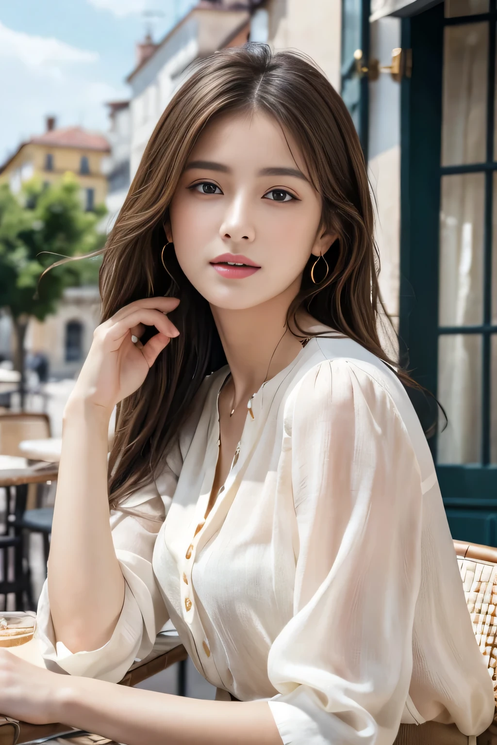 masterpiece, Highest quality, Realistic, Very detailed, Finer details, High resolution, 8k wallpaper, One beautiful woman,Wear a nice blouse, On the terrace of a lovely cafe, at noon, Light brown messy hair, Perfect dynamic composition, Beautiful and beautiful eyes、Big earrings、