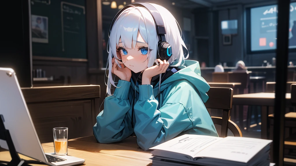 Best quaility, masterpiece, 4k, at night, A girl with white hair with blue eyes and around middle school age was wearing a hoodie, cheek cane, she wears a headset, she is facing the PC and not facing me, so I can't see her face, she is in a cafe which has sunlight shining in the building, working on something on her note PC