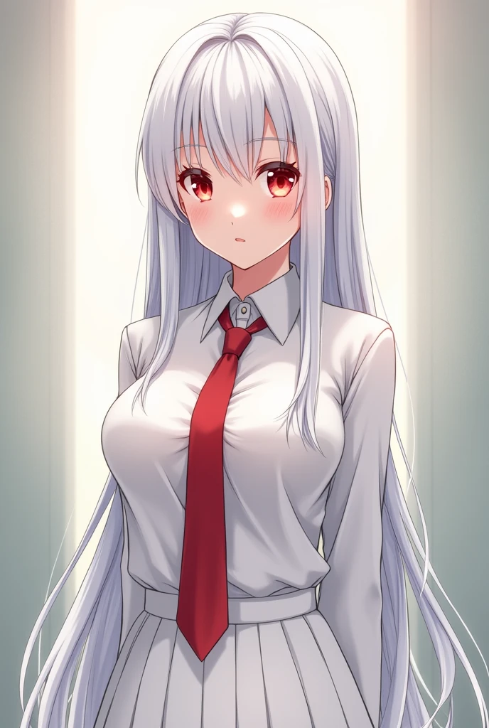 Anime girl with long white hair and red eyes wearing a white skirt and red tie