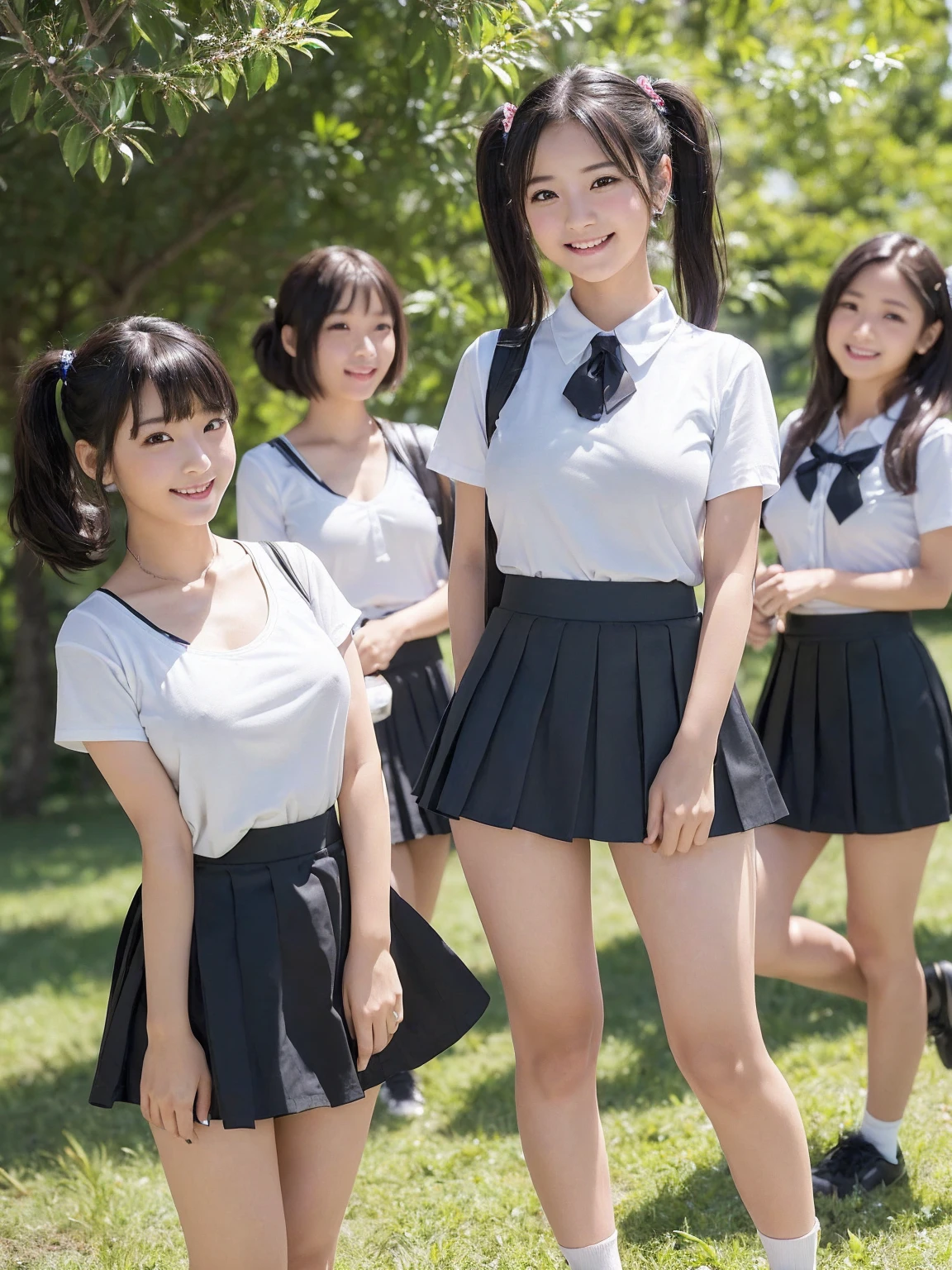 (8k、Raw photography、Highest quality、masterpiece:1.2),(Black Hair:1.5),(Mr...々Cute hairstyle、Bobcut、Very short hair、ponytail、Twin tails:1.4),(6 high school girls、The girls are all very beautiful、Wearing uniform:1.6)、(Checked skirt: 1.2)、(Clothing that emphasizes the shape of your chest、Big Breasts:1.6)、(Group attendance at school:1.4)、Ultra-high resolution,(grassland:1.3)、(Japanese women: 1.2),(Photorealistic:1.37)、Photon Mapping,reality、(Everyone is so cute, like an idol: 1.7)、(Cute Smile: 1.7)、(Round face: 1.8)、(Baby Face: 1.2)、Radio City、Physically Based Rendering、Depth of field rally background、photograph, (Wearing a skirt that is too short: 2.0)、((Ultra mini skirt、Her skirt is short、White panties are visible..:1.4)),(All of them are wearing very short skirts、Beautiful thighs and panties: 1.5)、whole body、Super Fine、((Showing panties:1.4)),(Three high school girls are pictured together:1.39)、A very cute young-looking girl:1.2、Slim body,Thin legs,(Very small face),(Browsing Caution:1.15)、(Erect nipples:1.3)