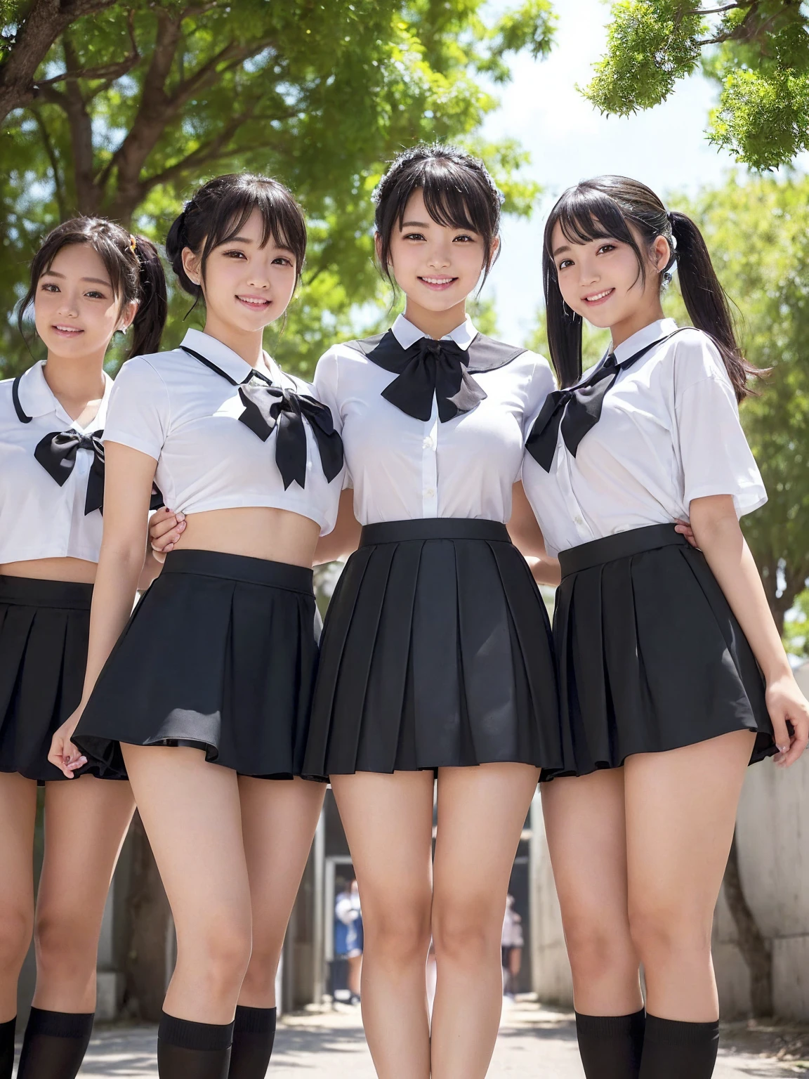 （8k、Raw photography、Highest quality、masterpiece：1.2),(Black Hair:1.5),(Mr...々Cute hairstyle、Bobcut、Very short hair、ponytail、Twin tails:1.4),(6 high school girls、The girls are all very beautiful、Wearing uniform:1.6)、(Checked skirt: 1.2)、(Clothing that emphasizes the shape of your chest、Big Breasts:1.6)、(Group attendance at school:1.4)、Ultra-high resolution,(grassland:1.3)、(Japanese women: 1.2),（Photorealistic：1.37）、Photon Mapping,reality、(Everyone is so cute, like an idol: 1.7)、(Cute Smile: 1.7)、(Round face: 1.8)、(Baby Face: 1.2)、Radio City、Physically Based Rendering、Depth of field rally background、photograph, (Wearing a skirt that is too short: 2.0)、((Ultra mini skirt、Her skirt is short、White panties are visible..:1.4)),(All of them are wearing very short skirts、Beautiful thighs and panties: 1.5)、whole body、Super Fine、((Showing panties:1.4)),(Three high school girls are pictured together:1.39)、A very cute young-looking girl:1.2、Slim body,Thin legs,(Very small face),(Browsing Caution:1.15)、(Erect nipples:1.3)