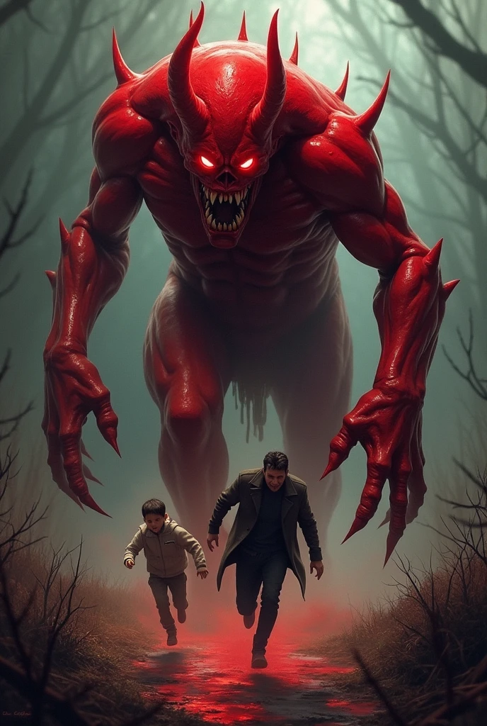 Red Satan running after a child with her father
