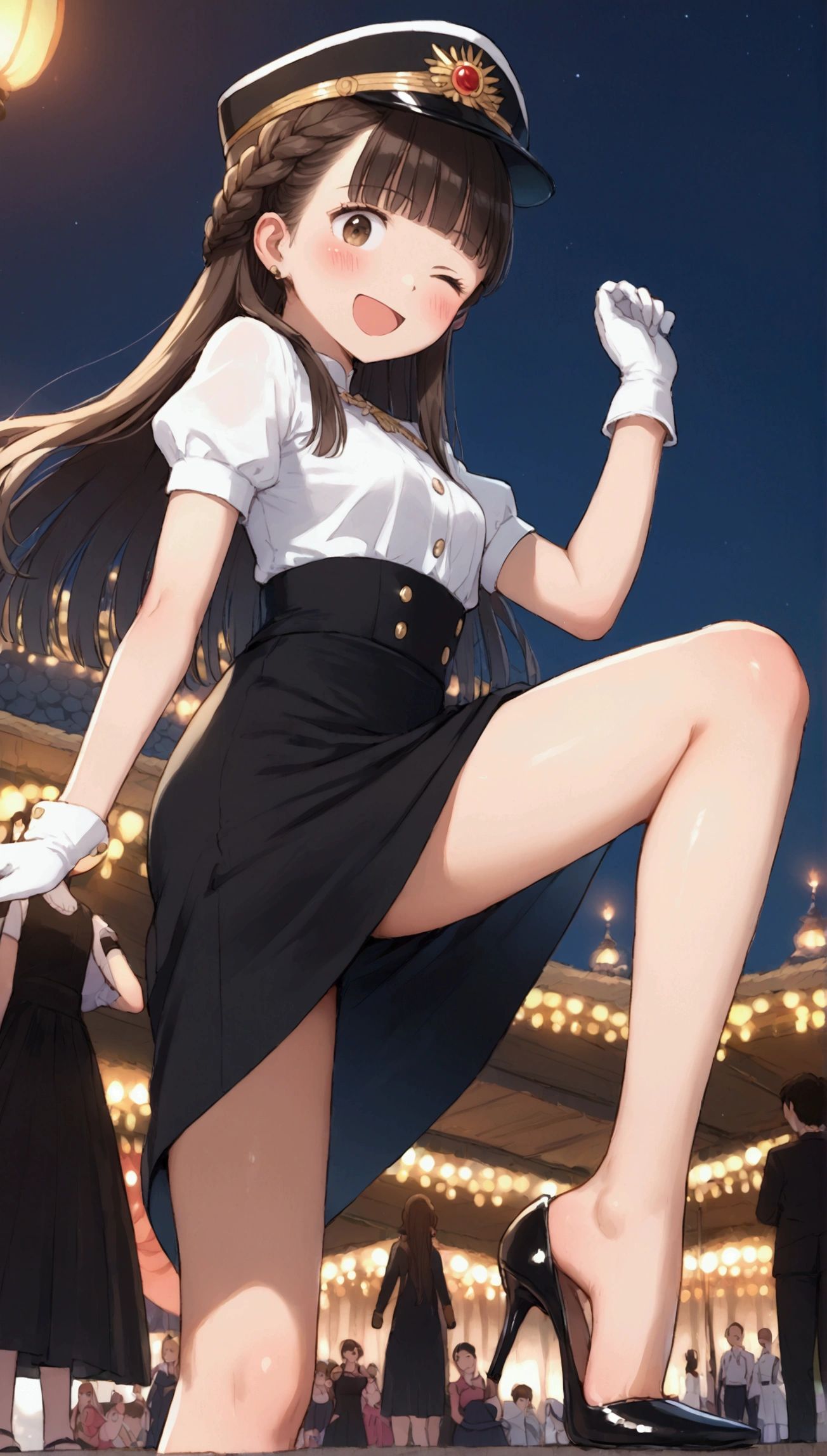 {Highest quality}, {Super beautiful},{Ultra fine},{Best illustration},Brown Hair,Hime cut,long hair,Braid,One woman,Standing Woman,Strike a pose,Adult women,smile,Excited face,Wink,Uniform cap,White Shirt,Short sleeve,long black skirt,White gloves,Night Festival,Blushing,Slender,Black stiletto heels,barefoot,From an angle,From below,Spread your legs,