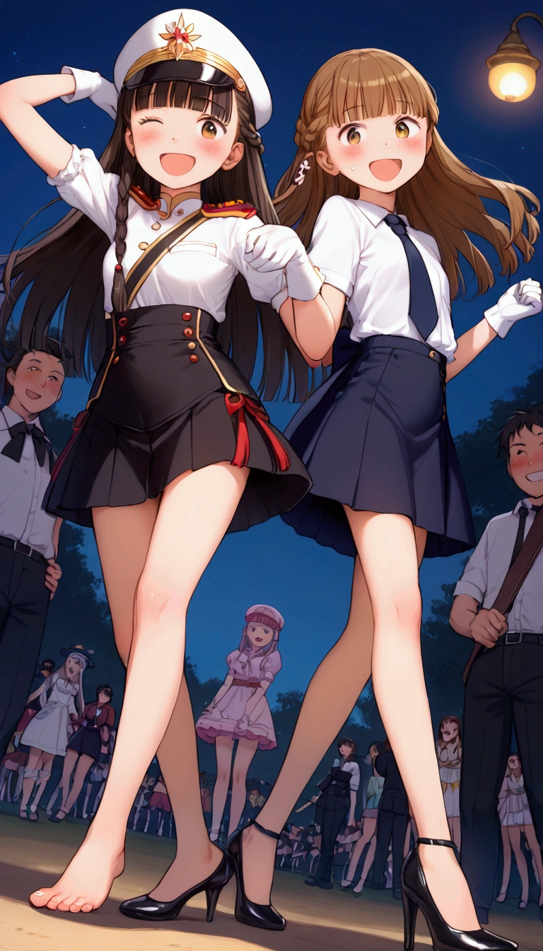 {Highest quality}, {Super beautiful},{Ultra fine},{Best illustration},Brown Hair,Hime cut,long hair,Braid,One woman,Standing Woman,Strike a pose,Adult women,smile,Excited face,Wink,Uniform cap,White Shirt,Short sleeve,long black skirt,White gloves,Night Festival,Blushing,Slender,Black stiletto heels,barefoot,From an angle,From below,Spread your legs,