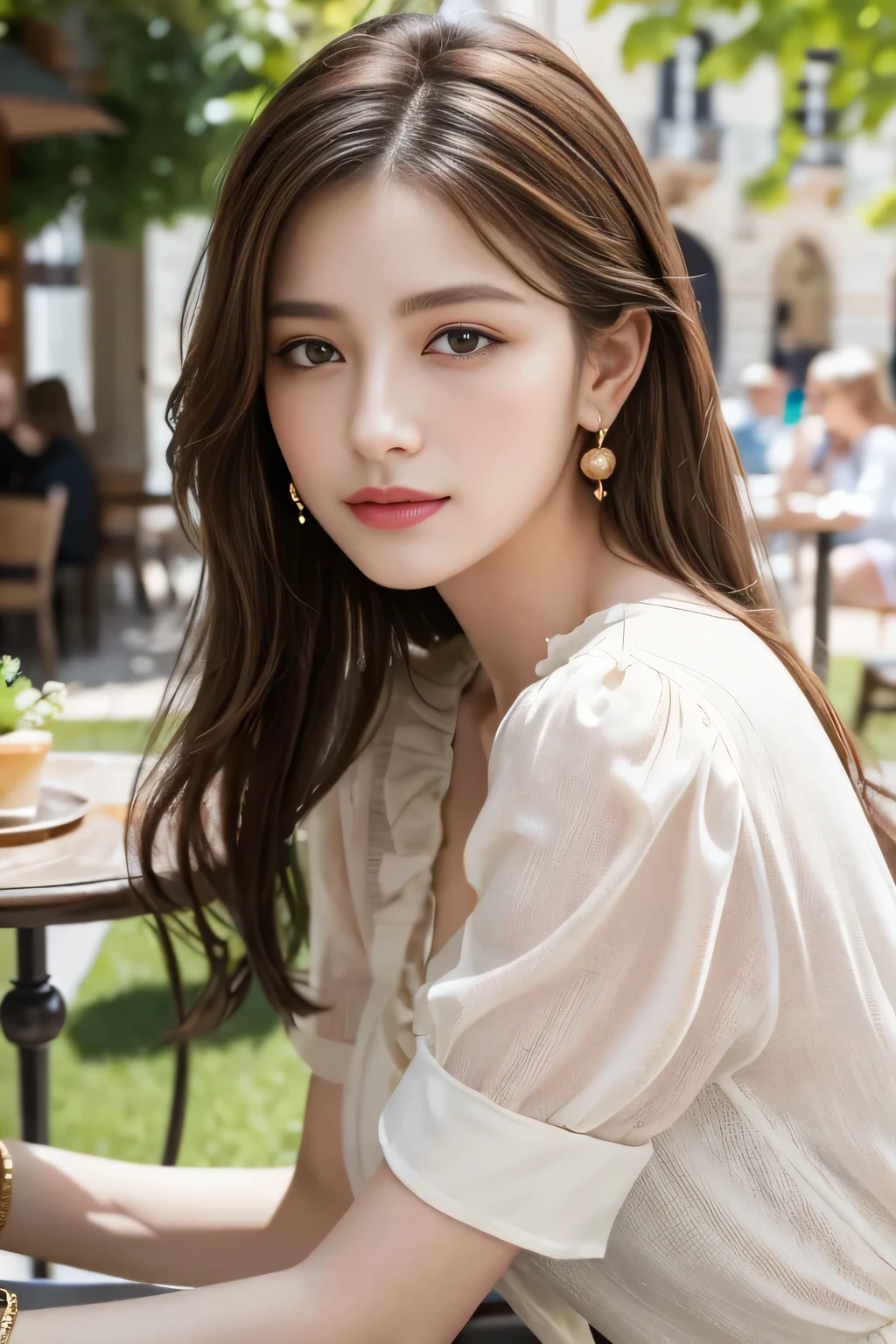 masterpiece, Highest quality, Realistic, Very detailed, Finer details, High resolution, 8k wallpaper, One beautiful woman,Wear a nice blouse, On the terrace of a lovely cafe, at noon, Light brown messy hair, Perfect dynamic composition, Beautiful and beautiful eyes、Big earrings、