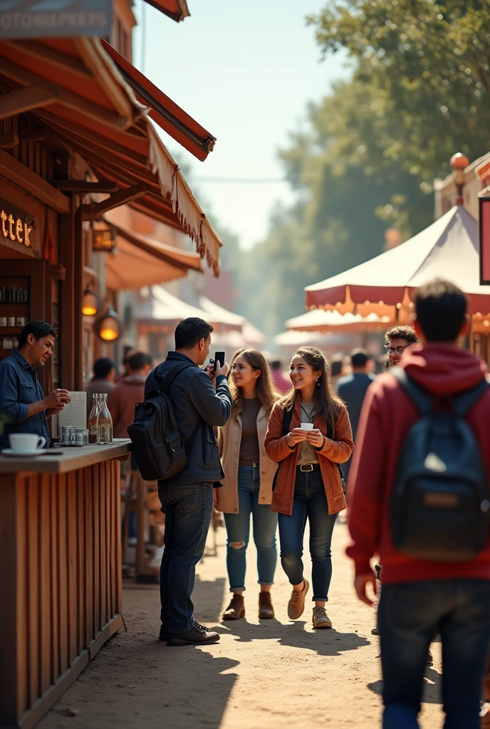A fair with a corner coffee shop that uses one side of it as an area to take memorable photos for customers. Focus on the area of photography and realistic photography. Photos are taken with professional equipment and there is a dedicated background on the side wall of the coffee stand..