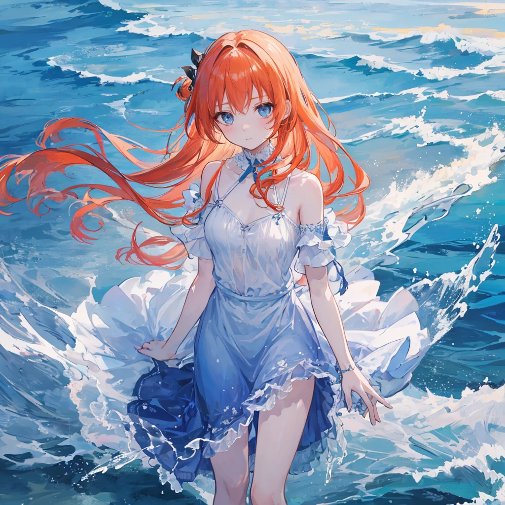 (masterpiece, best quality), ((1 Girl, Solitary, Long hair)), Ishmael_edge, Expressing Innocence, bare arm, Bare shoulders, Bare neck, watercolor, Sundress, Liquid Clothes, water, wave, water dress, blue_theme, night, mist, dark, Clear focus, Ocean, Transparent dress, Orange Hair