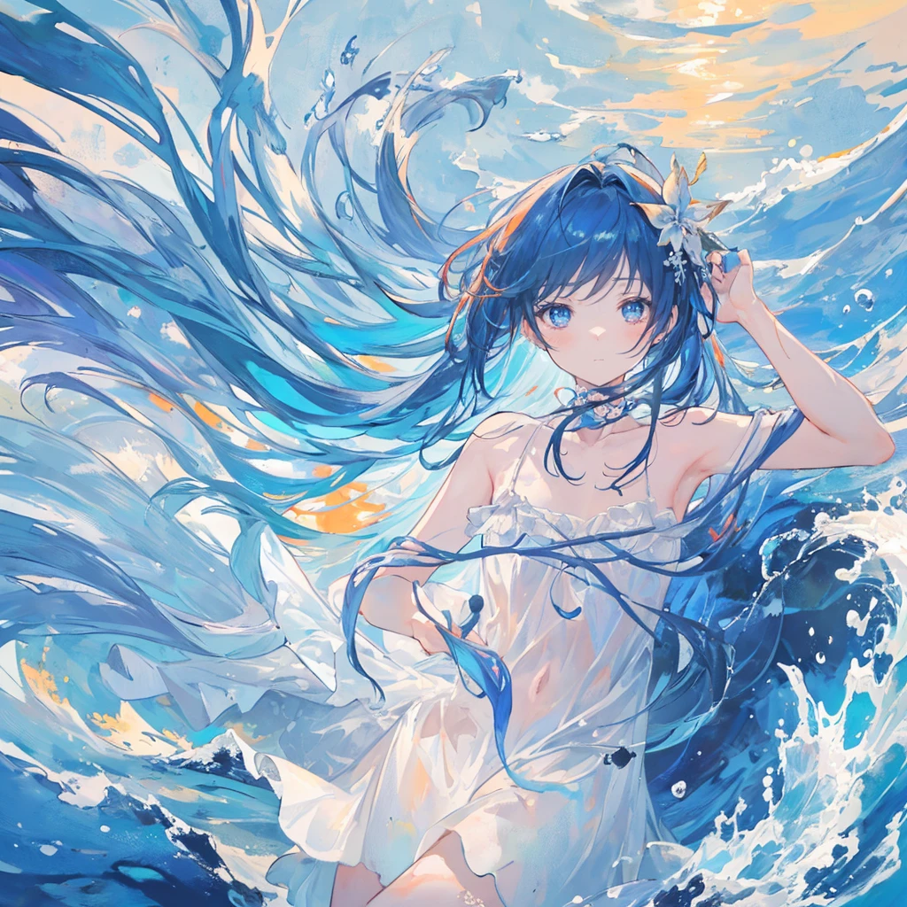 (masterpiece, best quality), ((1 Girl, Solitary, Long hair)), Ishmael_edge, Expressing Innocence, bare arm, Bare shoulders, Bare neck, watercolor, Sundress, Liquid Clothes, water, wave, water dress, blue_theme, night, mist, dark, Clear focus, Ocean, Transparent dress, Orange Hair