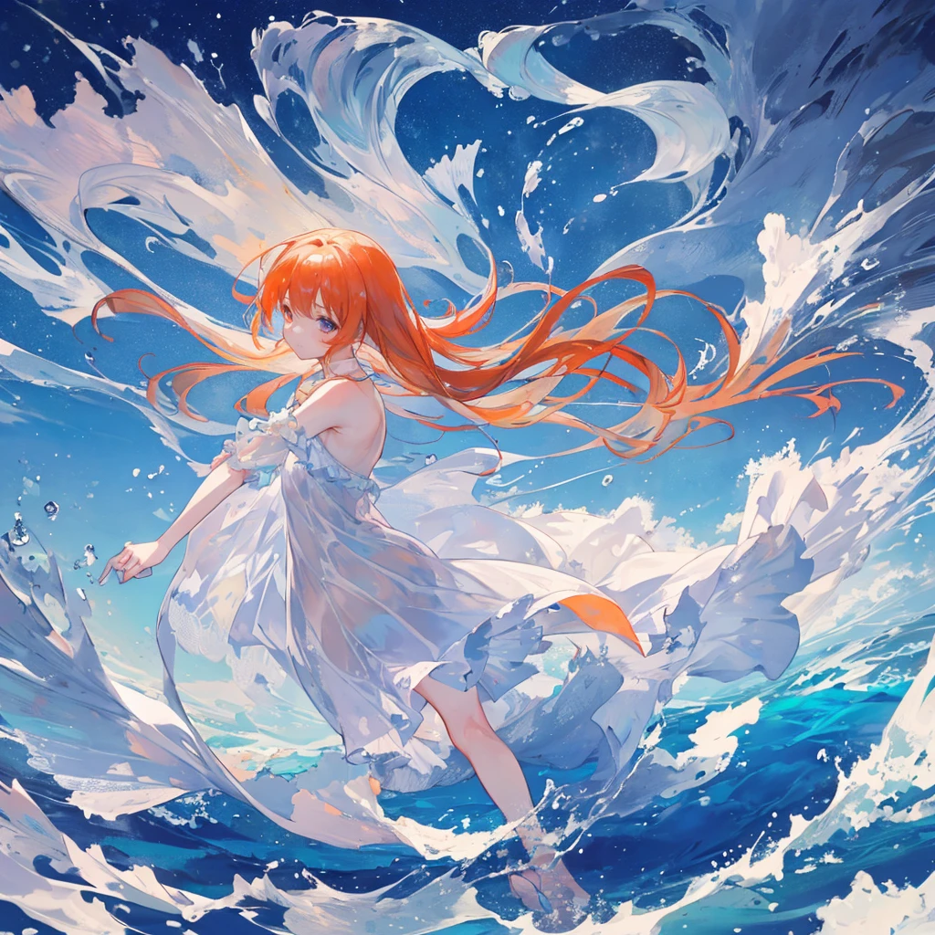 (masterpiece, best quality), ((1 Girl, Solitary, Long hair)), Ishmael_edge, Expressing Innocence, bare arm, Bare shoulders, Bare neck, watercolor, Sundress, Liquid Clothes, water, wave, water dress, blue_theme, night, mist, dark, Clear focus, Ocean, Transparent dress, Orange Hair