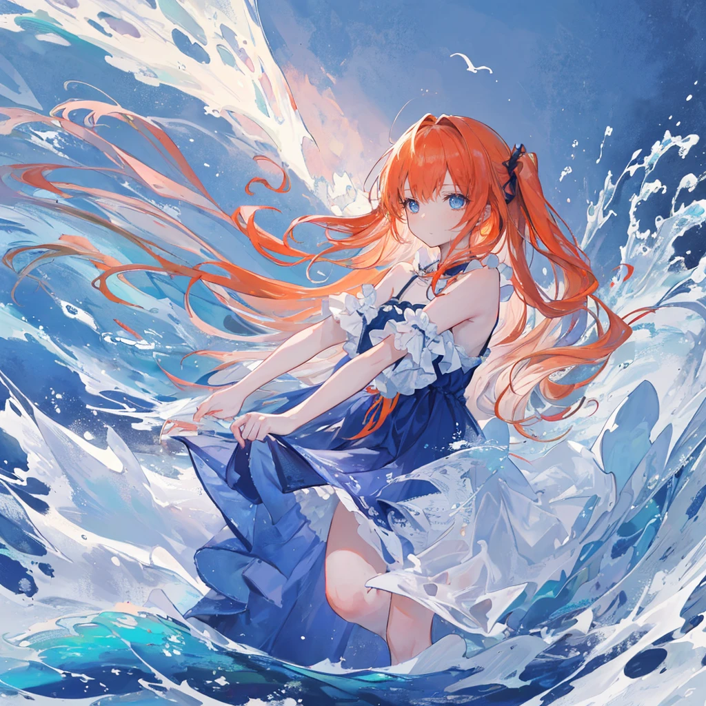 (masterpiece, best quality), ((1 Girl, Solitary, Long hair)), Ishmael_edge, Expressing Innocence, bare arm, Bare shoulders, Bare neck, watercolor, Sundress, Liquid Clothes, water, wave, water dress, blue_theme, night, mist, dark, Clear focus, Ocean, Transparent dress, Orange Hair