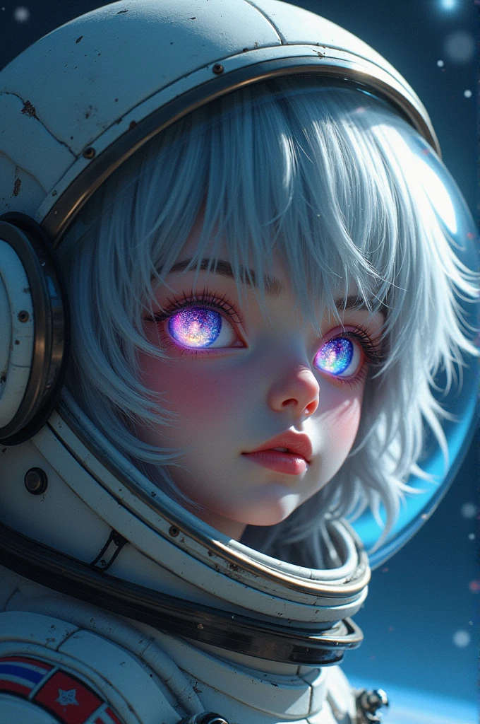 (Close-up of a better masterpiece:1.5)0.9], (Space and astronauts:1.2) (Messy silver hair:1.1) (Heterochromia xanthochromia and blue eyes:1.2) (Space Helmet:1.0) (Colored stars in the eyes:1.0) (A radiant glow:1.1) (thick lips:0.9)