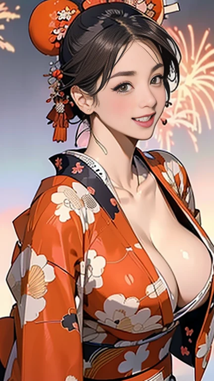 in 8K、超A high resolution、Best Quality、masutepiece (Large breasts、huge tit、gargantuan butt、Toned body:1.73)(Long orange kimono with fireworks pattern:1.4)(Summer Festivals:1.3) (Short bob with brown hair:1.2)Big eyes smiling happily、Distinct double eyelids、Lashes、Highlights in the eyes、Light brown eyes、Pinclip Gloss、piercings(White band、Red clogs:1.25)(Kimono comes off、cleavage of the breast:1.53)