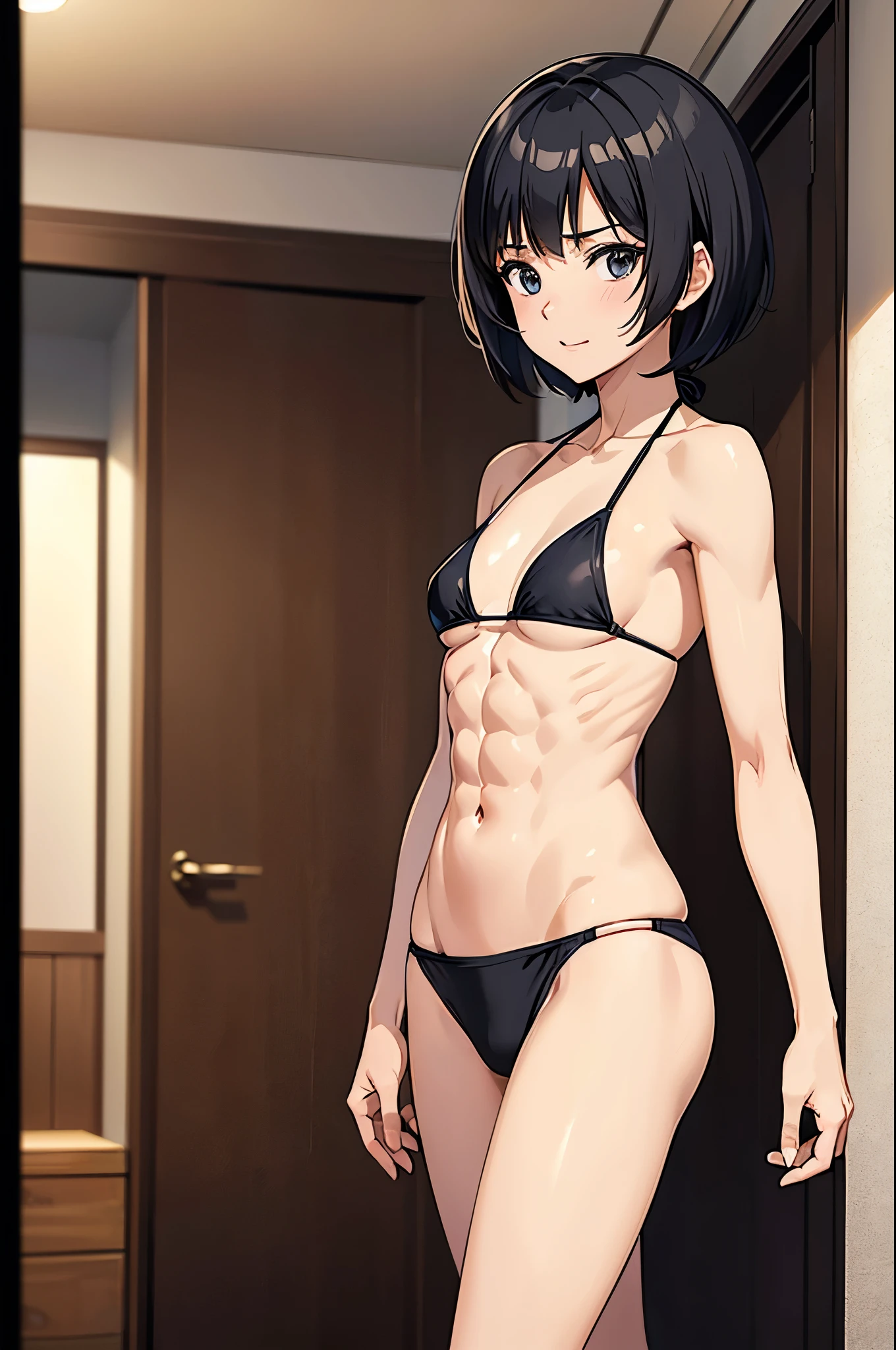 masterpiece, best quality, ultra detailed, ultra high resolution, very detailed face, solo, (((anime cels style))), 26 years old woman, (((small bikini))), ((black short hair)), (((medium breast))), ((good mood)), ((six pack abs:1.21)), walking in the corridor, indoor