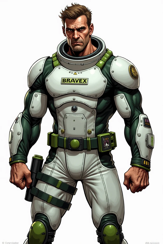 Male comic book style character with the appearance of a 50 year old man with a very strong body and an intimidating face with short brown hair.. With a white space military suit with green detail with an emblem on the shoulders that says bravex.