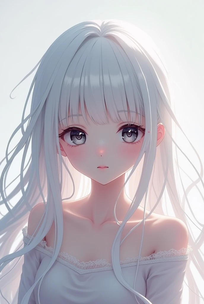 A super beautiful light brown anime girl with white hair and black eyes