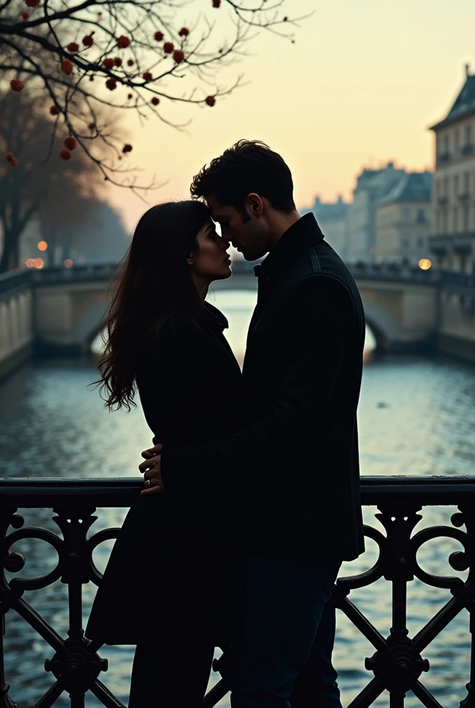 Shadows of two people on the Pont des Arts in Paris, A Man and a Woman, leaning on the bridge, The man hugging her from behind in surprise and the woman looking at the river that is there, hugging the railing