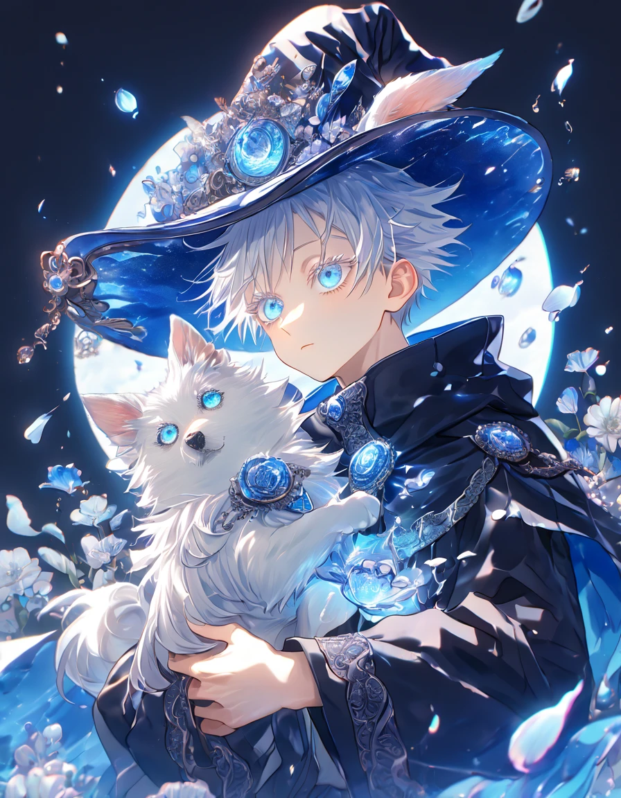 absurdres, highres, ultra detailed, HDR, master piece, Gojou Satoru, white hair with bangs, white eyelashes, expressive blue eyes, boy hugging a small wolf, white dog, expressive blue eyes, Jujutsu Kaisen, magical hat, cute, best quality, blue moon, flowers, fantasy, magical, solo, water, blue shining fireflies, blue petals, cape, the word "Krozseria" is written on his shirt,