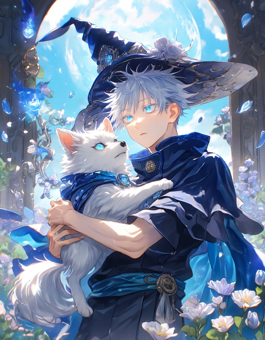 absurdres, highres, ultra detailed, HDR, master piece, Gojou Satoru, white hair with bangs, white eyelashes, expressive blue eyes, boy hugging a small wolf, white dog, expressive blue eyes, Jujutsu Kaisen, magical hat, cute, best quality, blue moon, flowers, fantasy, magical, solo, water, blue shining fireflies, blue petals, cape, the word "Krozseria" is written on his shirt,