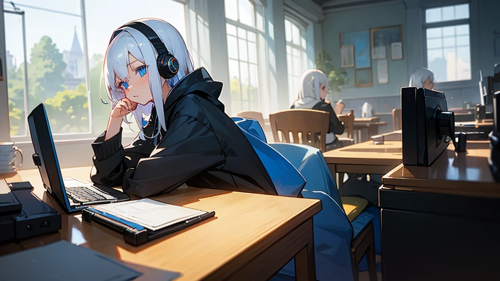 Best quaility, masterpiece, 4k, at night, A girl with white hair with blue eyes and around middle school age was wearing a hoodie, cheek cane, she wears a headset, she is facing the PC and not facing me, so I can't see her face, she is in a cafe which has sunlight shining in the building, working on something on her note PC