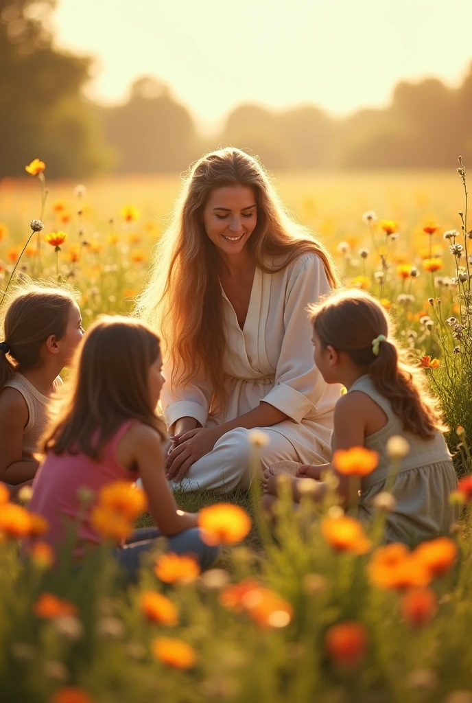 Mary sitting in a field, surrounded by children, teaching them with kindness and patience. The scenery is sunny, full of colorful flowers, transmitting joy and love