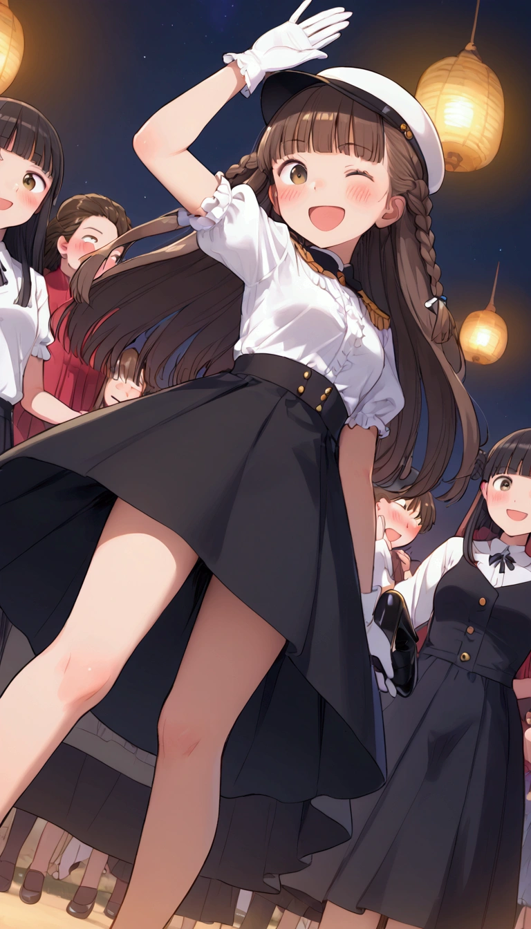 {Highest quality}, {Super beautiful},{Ultra fine},{Best illustration},Brown Hair,Hime cut,long hair,Braid,One woman,Standing Woman,Strike a pose,Adult women,smile,Excited face,Wink,Uniform cap,White Shirt,Short sleeve,long black skirt,White gloves,Night Festival,Blushing,Slender,Black stiletto heels,barefoot,From an angle,From below,Woman with closed legs,Waving with both hands