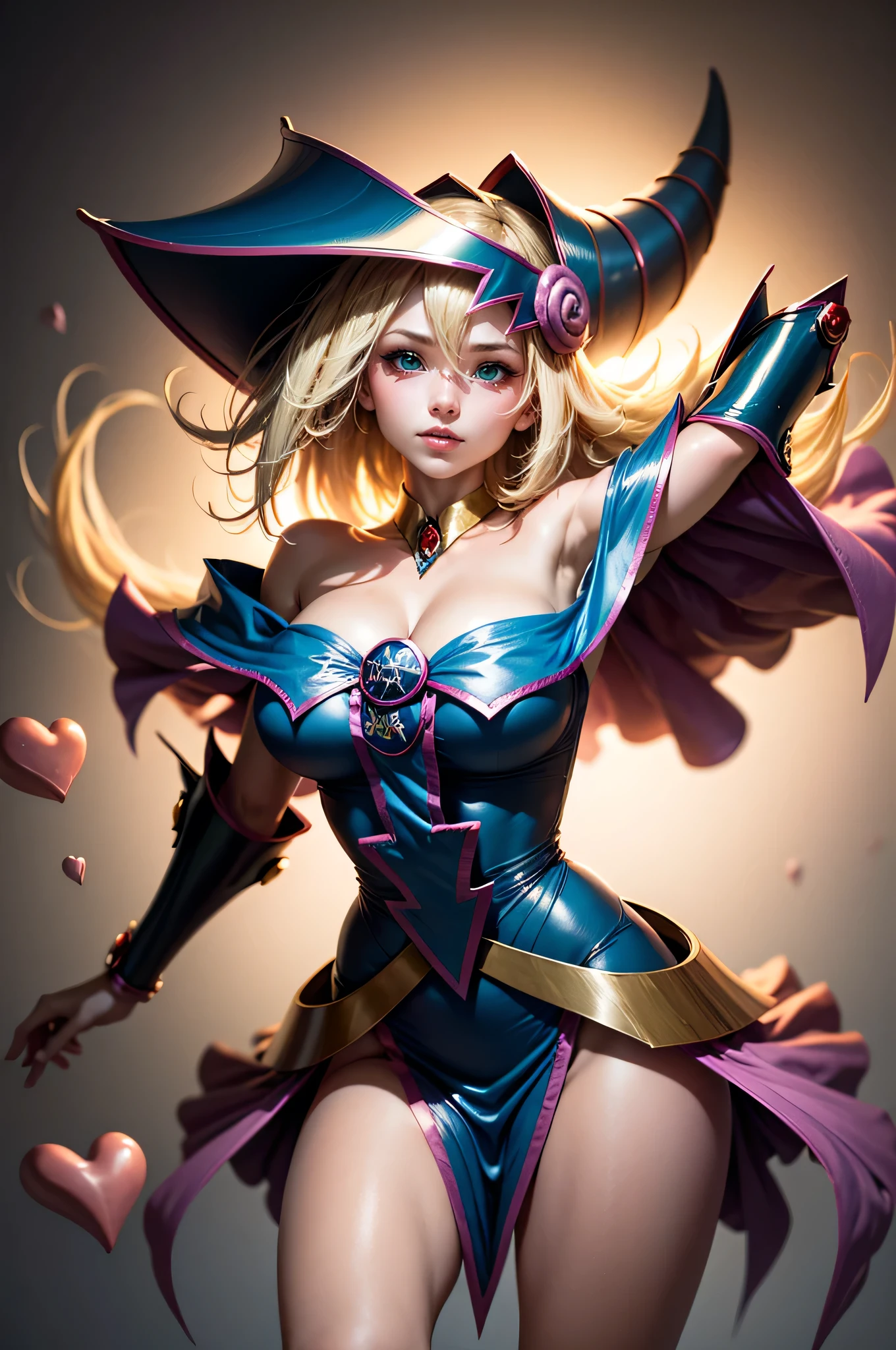 (masterpiece:1.2), (The best quality:1.2), perfect lighting, Dark Magician Girl casting a spell,Full body viewable from head to toe...in his twenties, floating in the air, huge visible, transparent neckline, blue robe, big hat, from above, shines, Yugioh games, The magic of the heart. LIGHTS OF THE HEART, romantic heart. In the background a spell she smiles a lot